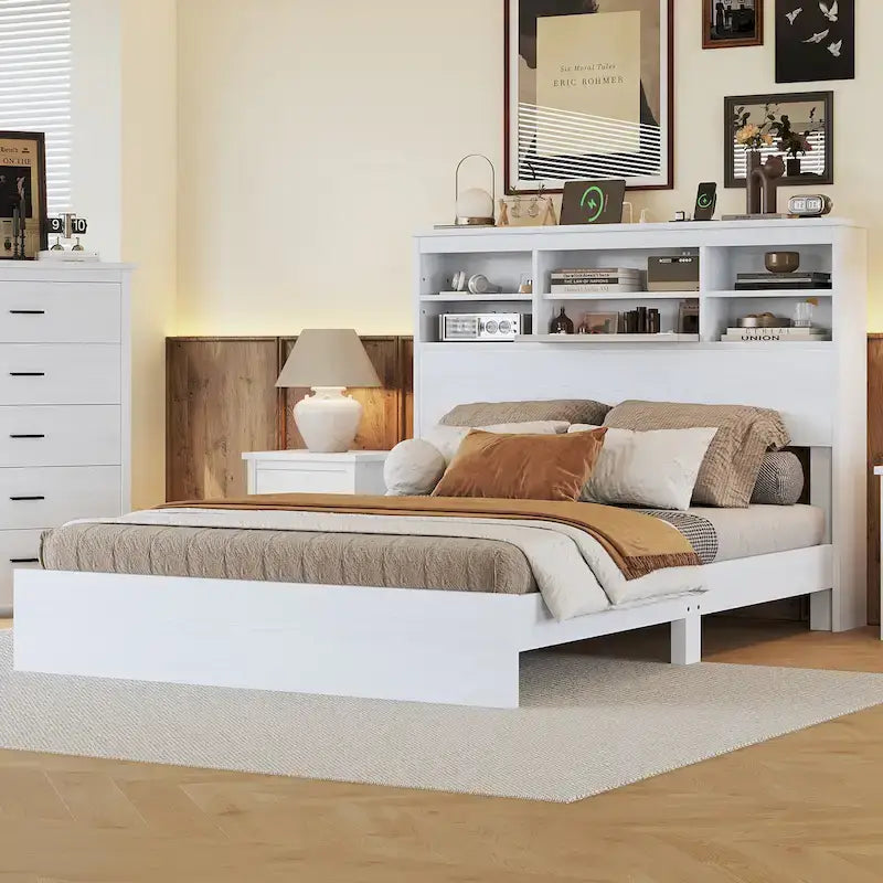 FURNITURE DEMAIN Cama Queen Size Vintage con Plataforma, Cabecero con Almacenamiento y Estación de Carga