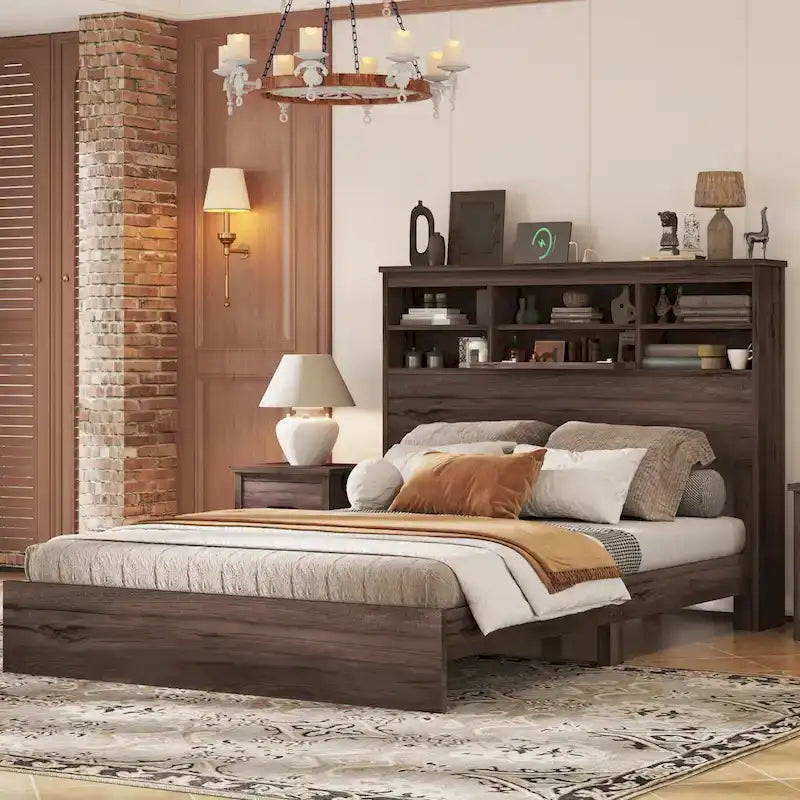 FURNITURE DEMAIN Cama Queen Size Vintage con Plataforma, Cabecero con Almacenamiento y Estación de Carga