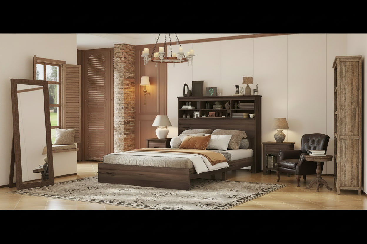 FURNITURE DEMAIN Queen Size Vintage Platform Bed with Storage Headboard and Charging Station