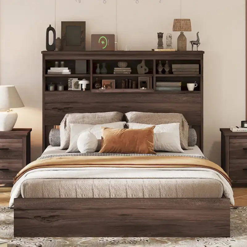 FURNITURE DEMAIN Cama Queen Size Vintage con Plataforma, Cabecero con Almacenamiento y Estación de Carga