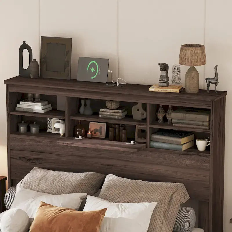 FURNITURE DEMAIN Cama Queen Size Vintage con Plataforma, Cabecero con Almacenamiento y Estación de Carga