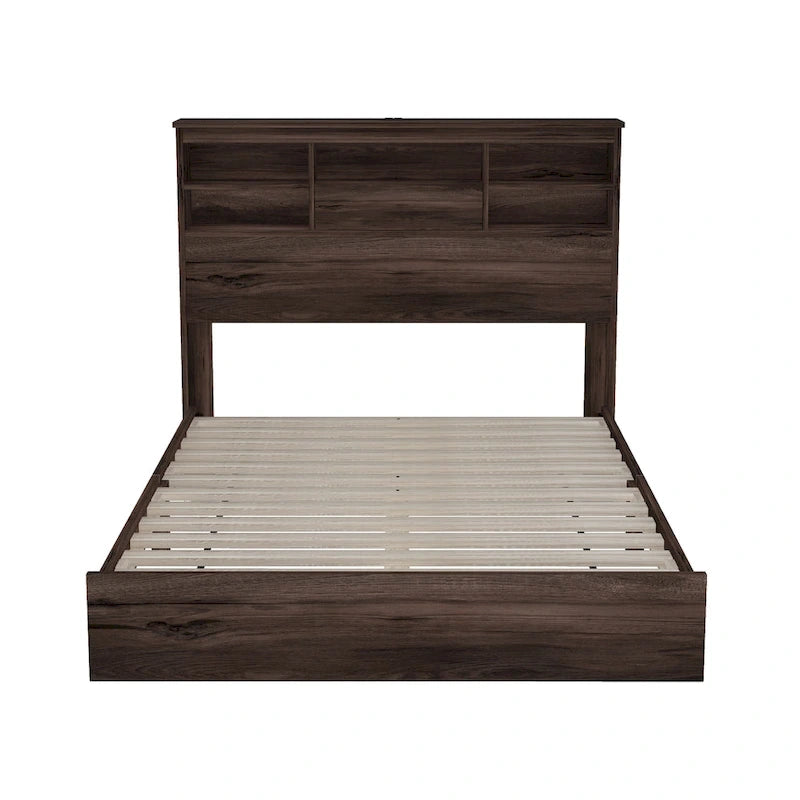 FURNITURE DEMAIN Cama Queen Size Vintage con Plataforma, Cabecero con Almacenamiento y Estación de Carga