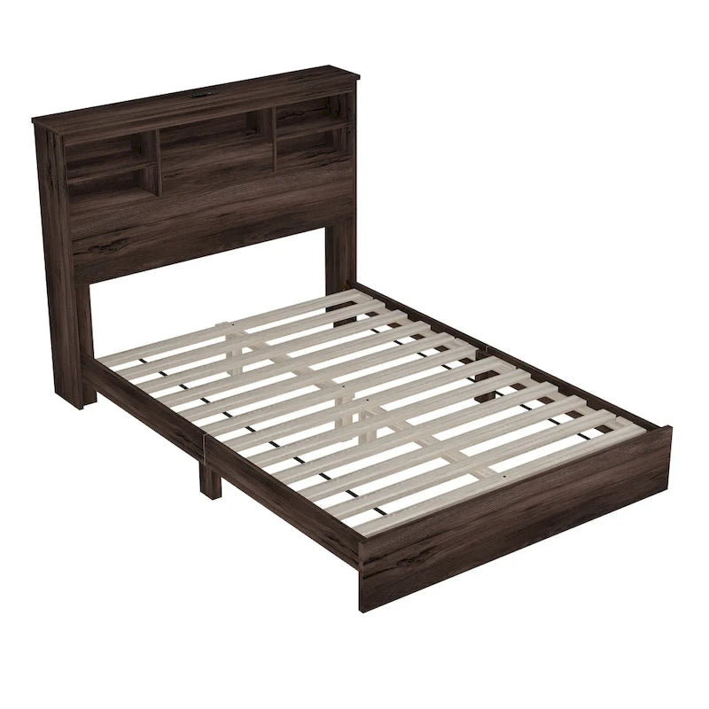 FURNITURE DEMAIN Cama Queen Size Vintage con Plataforma, Cabecero con Almacenamiento y Estación de Carga