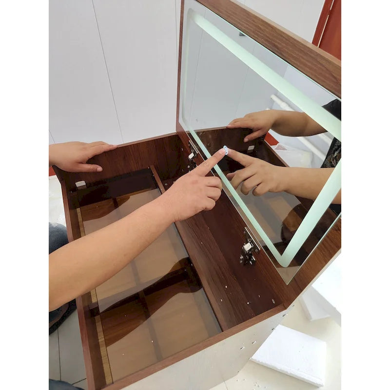 Tocador de maquillaje blanco/nogal con espejo iluminado, 3 cajones y taburete – 1 persona