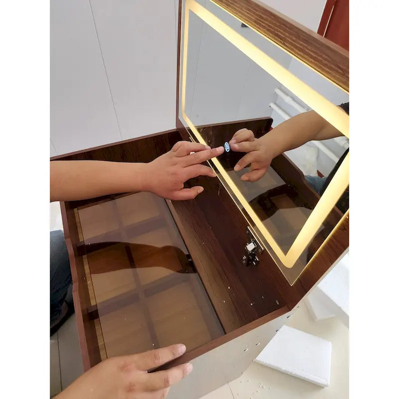 Tocador de maquillaje blanco/nogal con espejo iluminado, 3 cajones y taburete – 1 persona