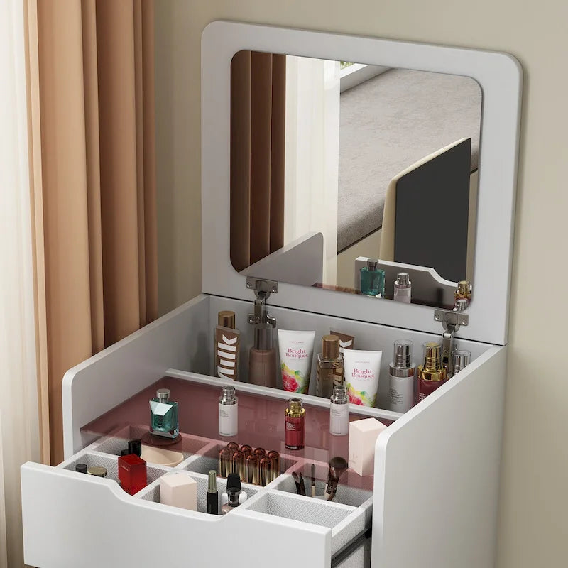 Tocador de maquillaje blanco/nogal con espejo iluminado, 3 cajones y taburete – 1 persona
