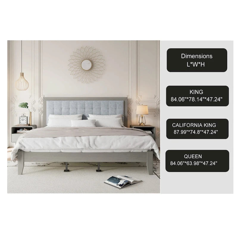 Base de cama tapizada con mechones gris – Queen, para 1 o 2 personas