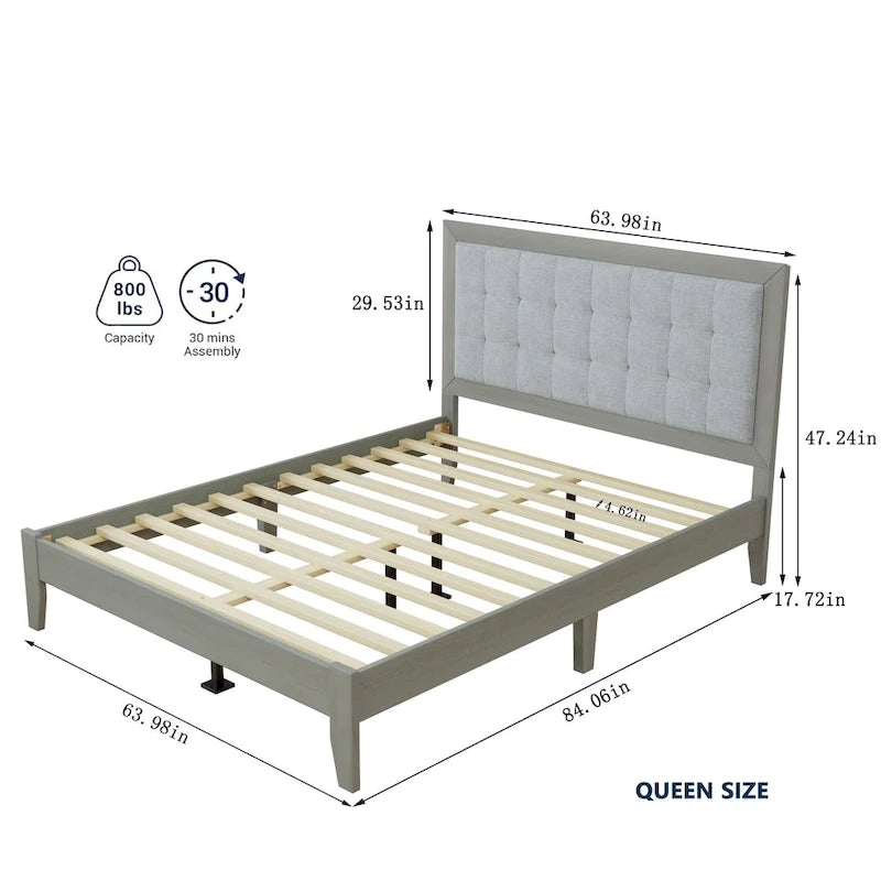 Base de cama tapizada con mechones gris – Queen, para 1 o 2 personas