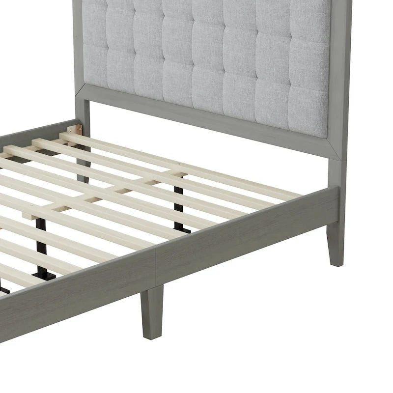 Base de cama tapizada con mechones gris – Queen, para 1 o 2 personas