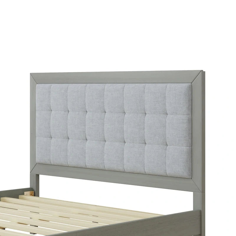 Base de cama tapizada con mechones gris – Queen, para 1 o 2 personas
