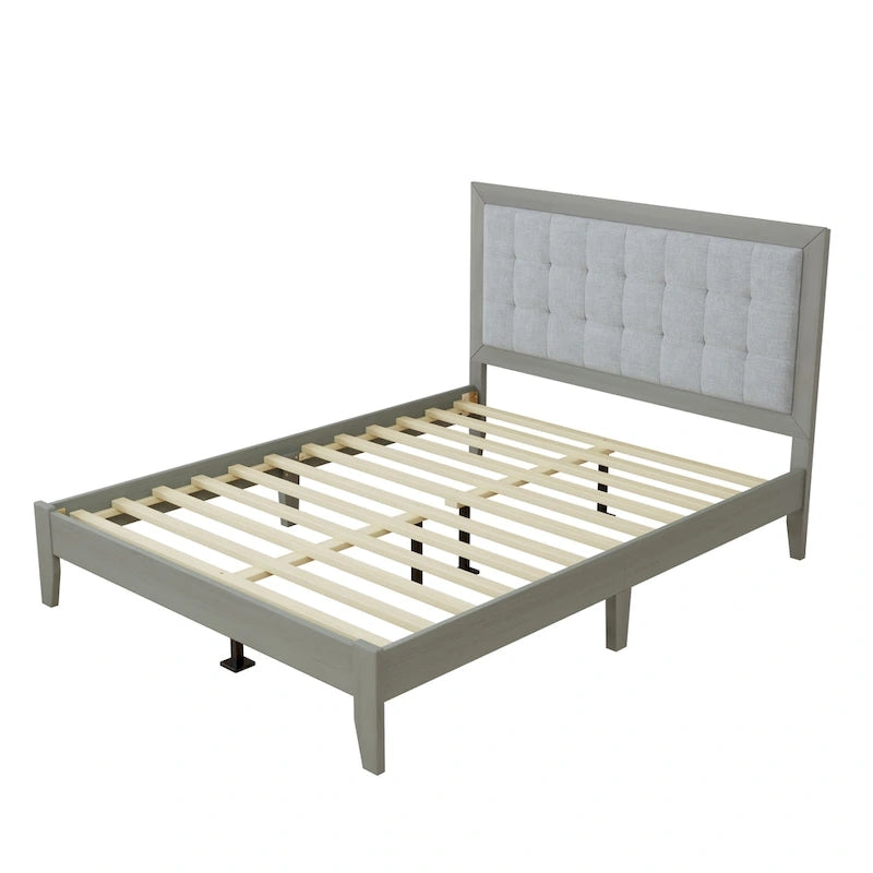Base de cama tapizada con mechones gris – Queen, para 1 o 2 personas