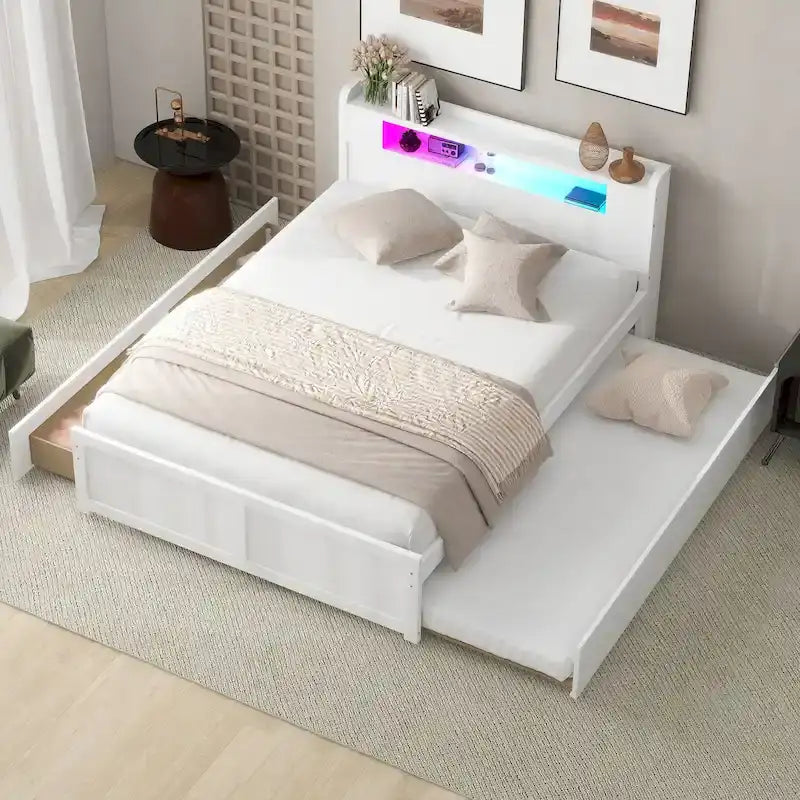 Cama de plataforma Queen blanca con cabecero LED, nido y 2 cajones – Duerme 2