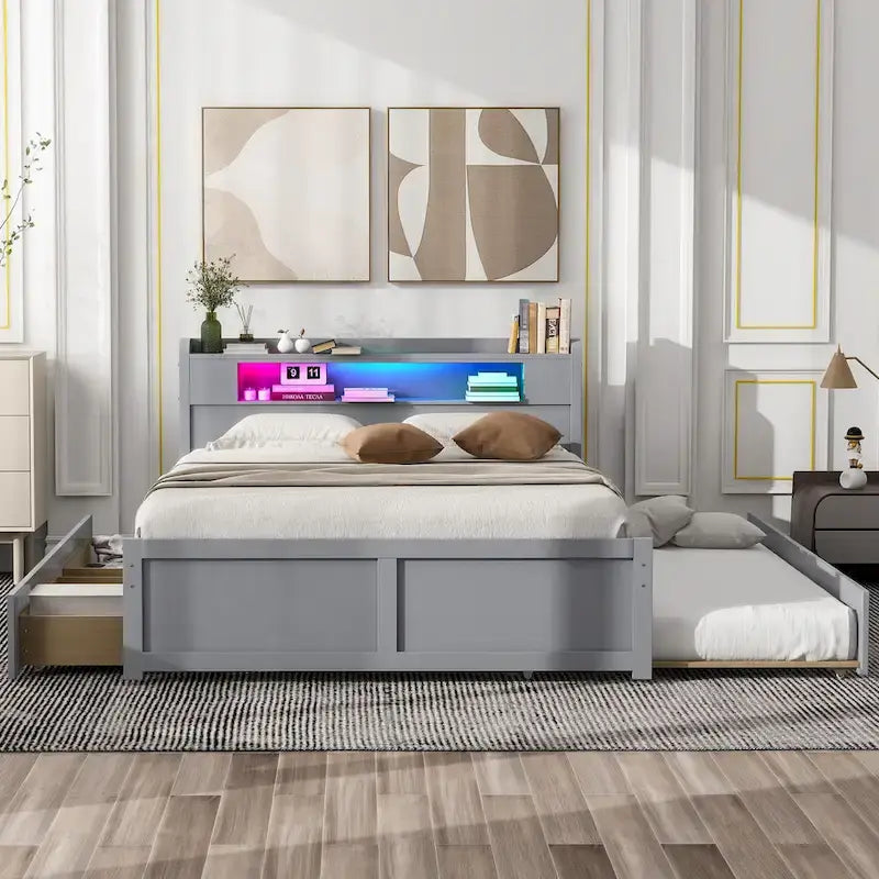 Cama de plataforma Queen blanca con cabecero LED, nido y 2 cajones – Duerme 2