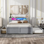 Cama de plataforma Queen blanca con cabecero LED, nido y 2 cajones – Duerme 2