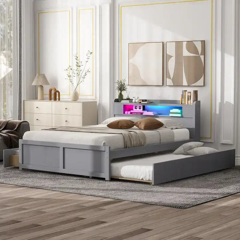 Cama de plataforma Queen blanca con cabecero LED, nido y 2 cajones – Duerme 2