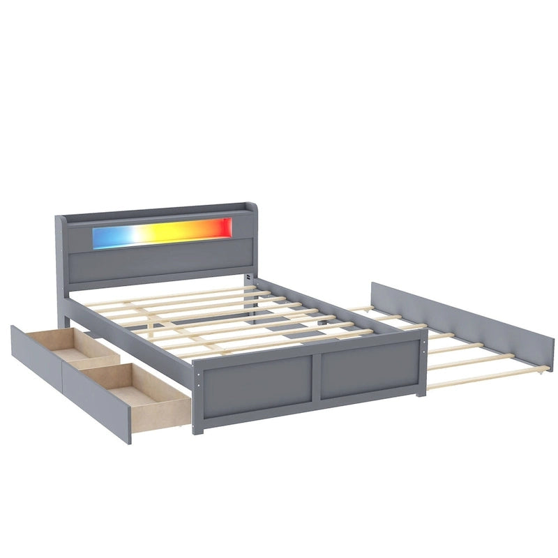 Cama de plataforma Queen blanca con cabecero LED, nido y 2 cajones – Duerme 2