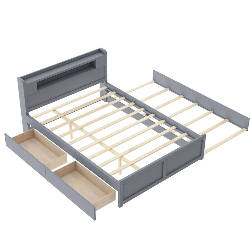 Cama de plataforma Queen blanca con cabecero LED, nido y 2 cajones – Duerme 2