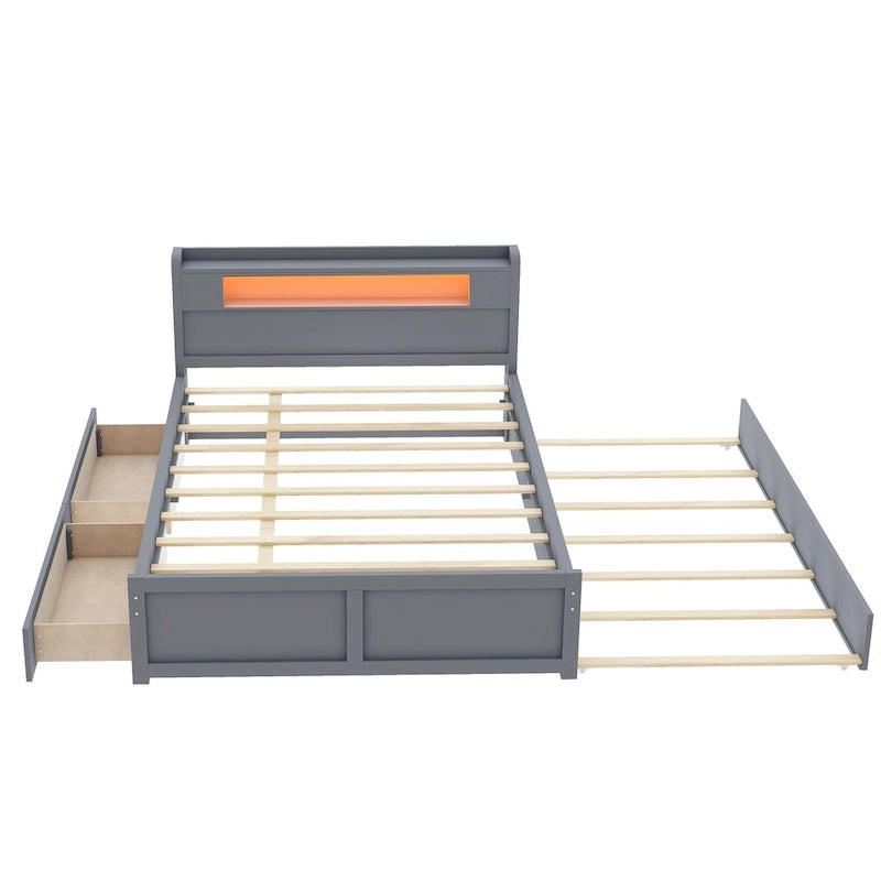 Cama de plataforma Queen blanca con cabecero LED, nido y 2 cajones – Duerme 2