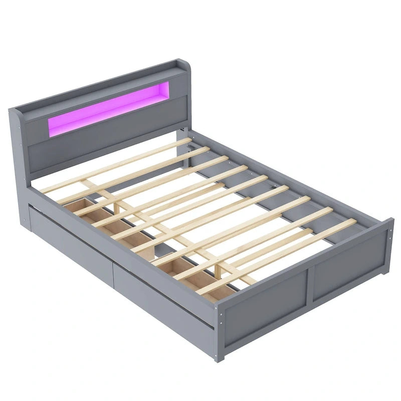 Cama de plataforma Queen blanca con cabecero LED, nido y 2 cajones – Duerme 2