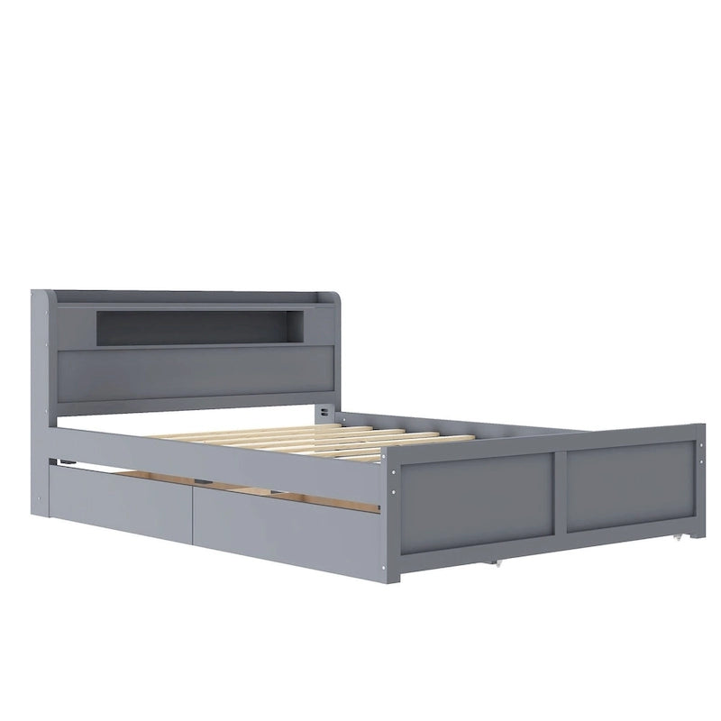 Cama de plataforma Queen blanca con cabecero LED, nido y 2 cajones – Duerme 2