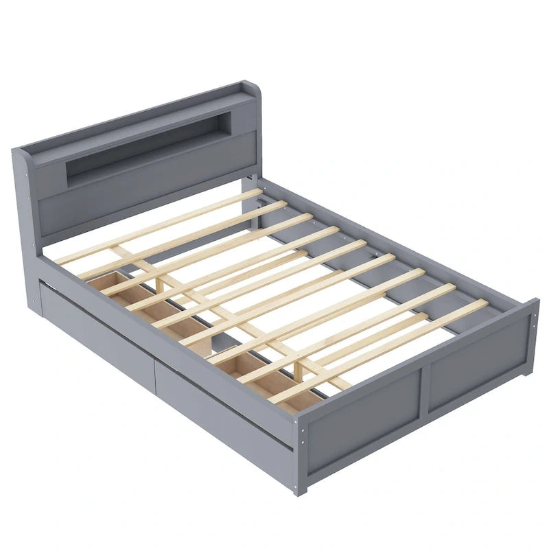 Cama de plataforma Queen blanca con cabecero LED, nido y 2 cajones – Duerme 2
