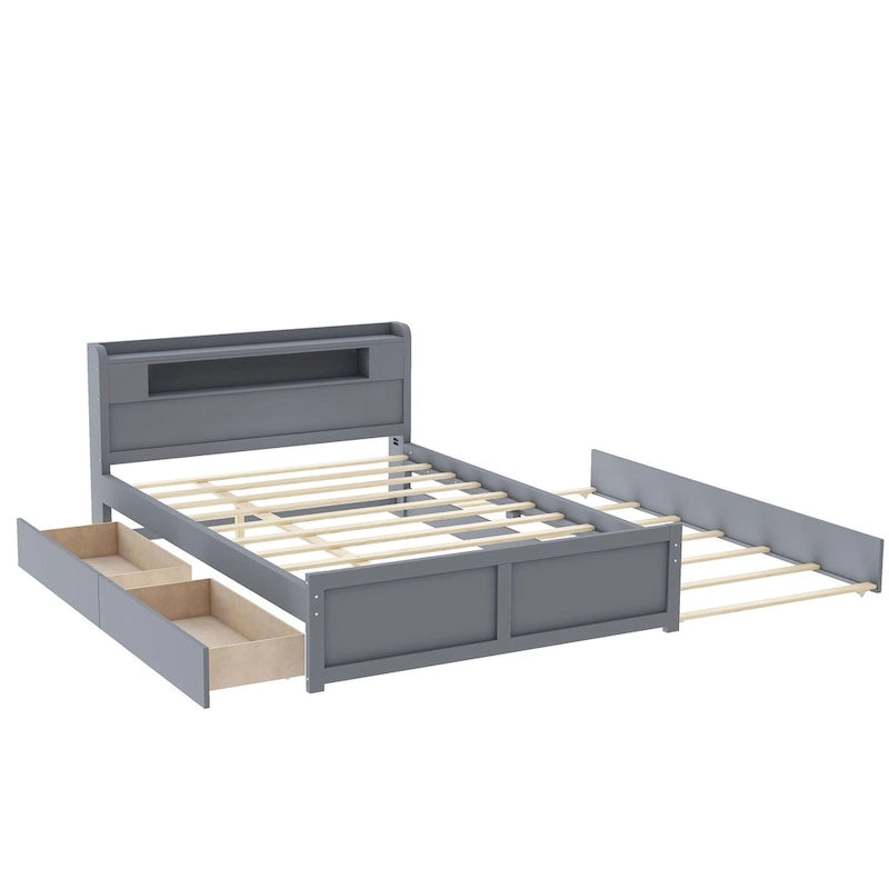 Cama de plataforma Queen blanca con cabecero LED, nido y 2 cajones – Duerme 2