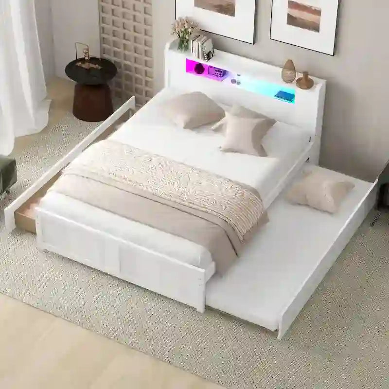 Cama de plataforma Queen blanca con cabecero LED, nido y 2 cajones – Duerme 2