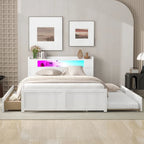 Cama de plataforma Queen blanca con cabecero LED, nido y 2 cajones – Duerme 2