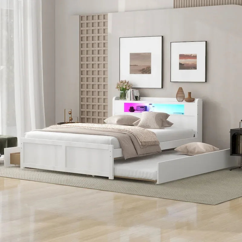Cama de plataforma Queen blanca con cabecero LED, nido y 2 cajones – Duerme 2