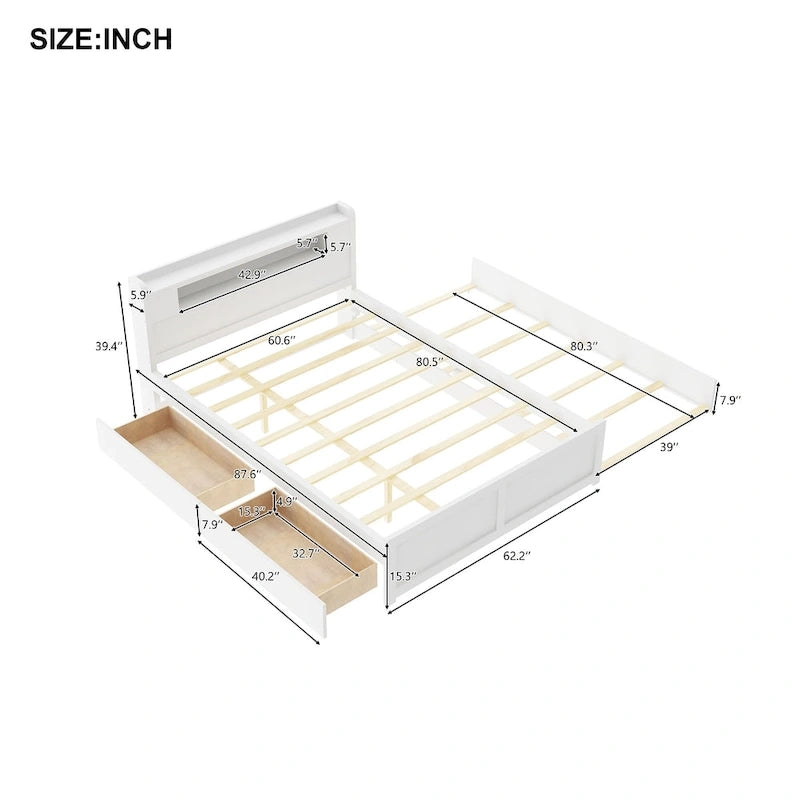Cama de plataforma Queen blanca con cabecero LED, nido y 2 cajones – Duerme 2