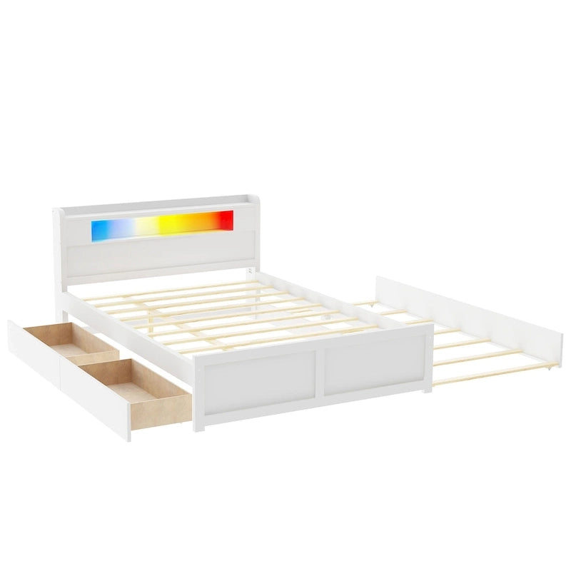 Cama de plataforma Queen blanca con cabecero LED, nido y 2 cajones – Duerme 2