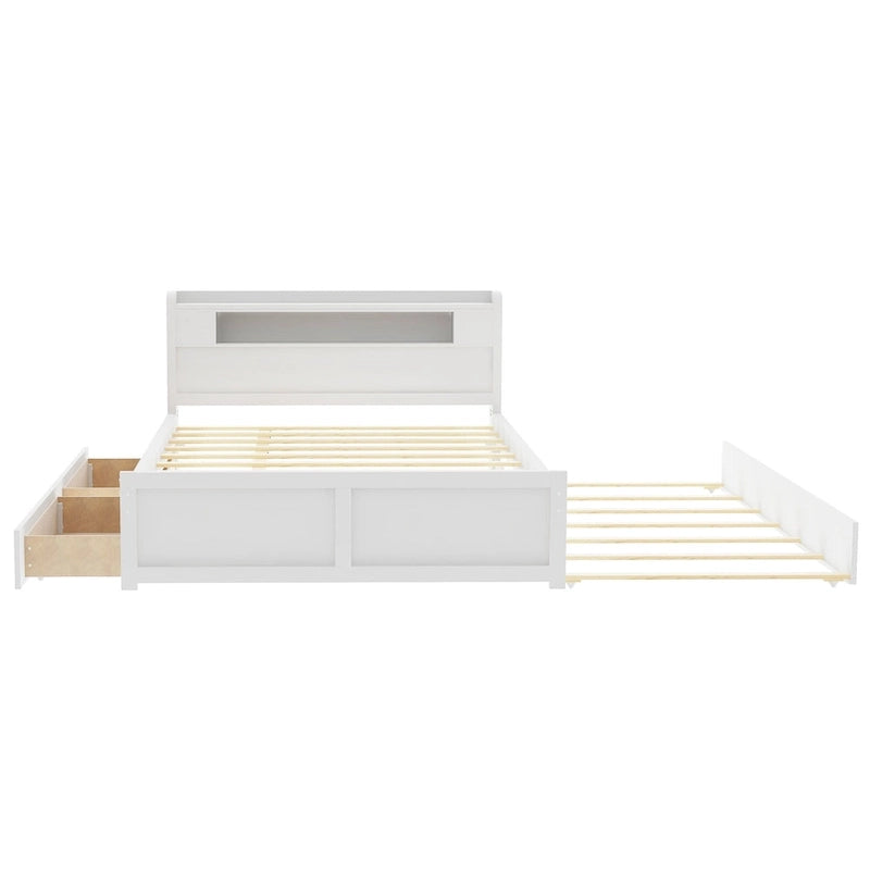 Cama de plataforma Queen blanca con cabecero LED, nido y 2 cajones – Duerme 2