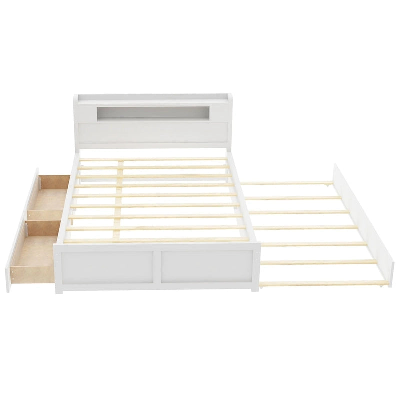 Cama de plataforma Queen blanca con cabecero LED, nido y 2 cajones – Duerme 2