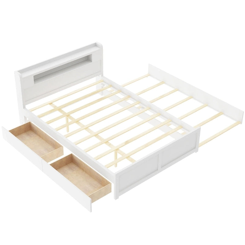 Cama de plataforma Queen blanca con cabecero LED, nido y 2 cajones – Duerme 2
