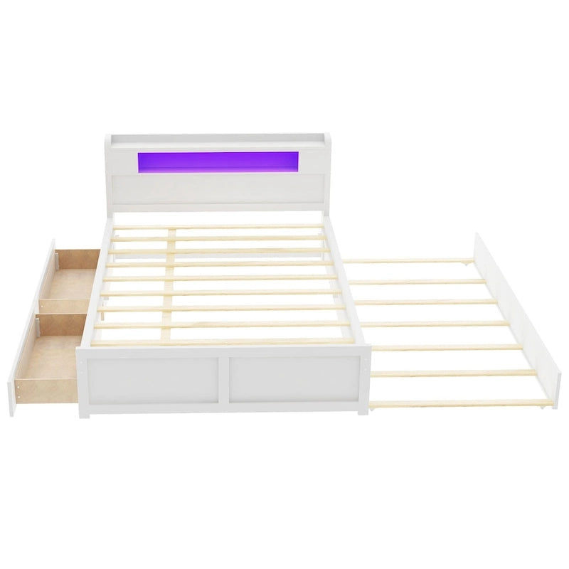 Cama de plataforma Queen blanca con cabecero LED, nido y 2 cajones – Duerme 2