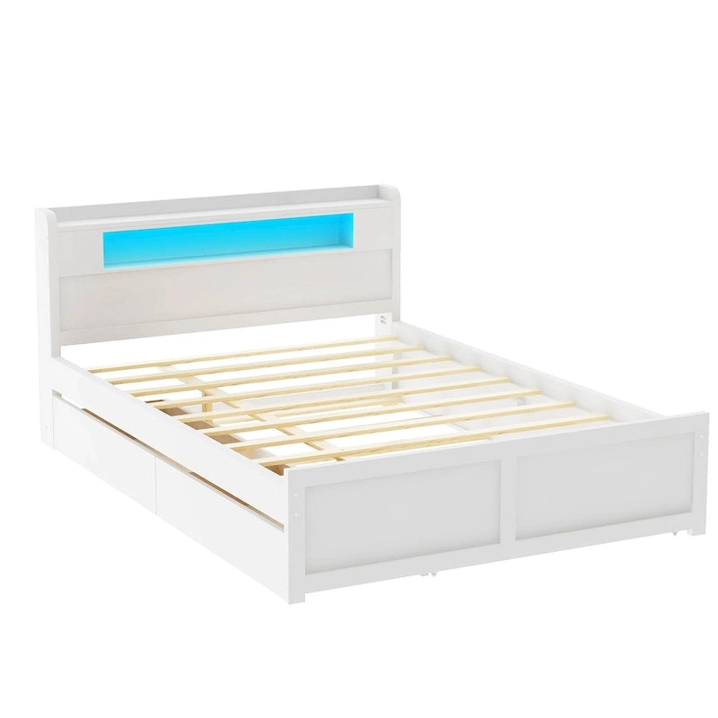 Cama de plataforma Queen blanca con cabecero LED, nido y 2 cajones – Duerme 2