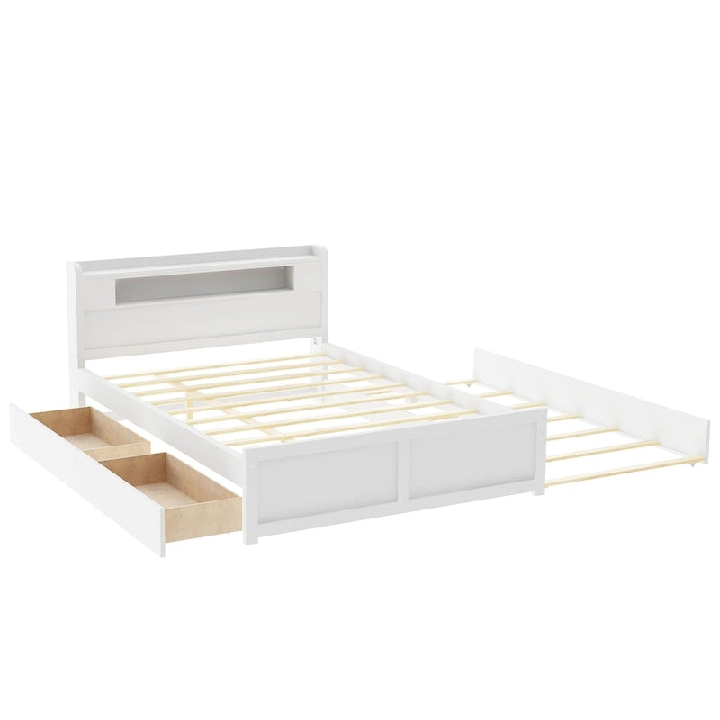 Cama de plataforma Queen blanca con cabecero LED, nido y 2 cajones – Duerme 2