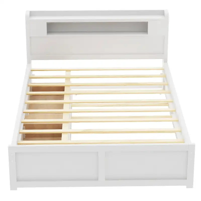 Cama de plataforma Queen blanca con cabecero LED, nido y 2 cajones – Duerme 2