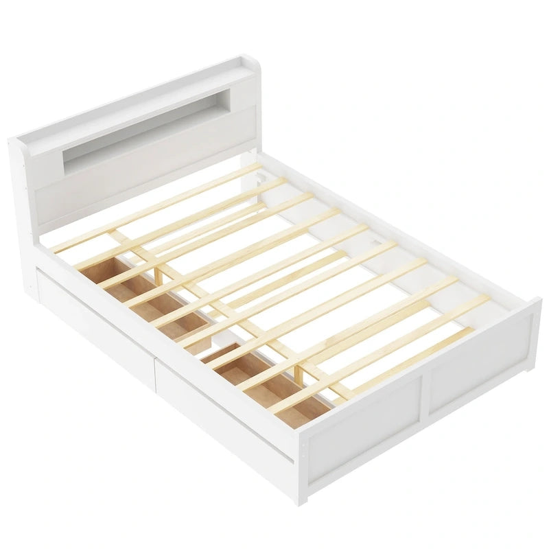 Cama de plataforma Queen blanca con cabecero LED, nido y 2 cajones – Duerme 2