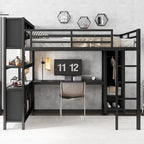 Cama alta de metal todo en uno con escritorio en forma de L y armario, estructura de cama para dormitorios con cubos de almacenamiento, estantes, barandillas de longitud completa
