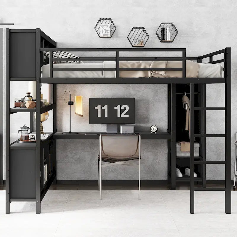Cama alta de metal todo en uno con escritorio en forma de L y armario, estructura de cama para dormitorios con cubos de almacenamiento, estantes, barandillas de longitud completa