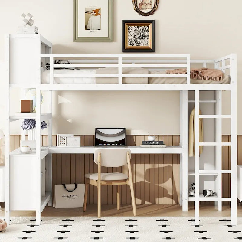 Cama alta de metal todo en uno con escritorio en forma de L y armario, estructura de cama para dormitorios con cubos de almacenamiento, estantes, barandillas de longitud completa