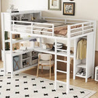 Cama alta de metal todo en uno con escritorio en forma de L y armario, estructura de cama para dormitorios con cubos de almacenamiento, estantes, barandillas de longitud completa