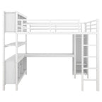 Cama alta de metal todo en uno con escritorio en forma de L y armario, estructura de cama para dormitorios con cubos de almacenamiento, estantes, barandillas de longitud completa