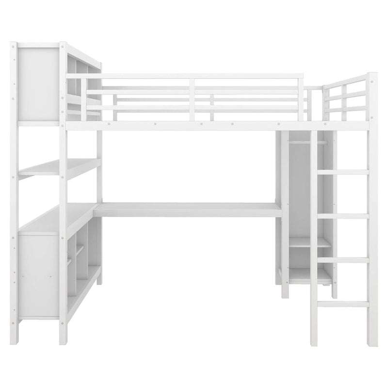 Cama alta de metal todo en uno con escritorio en forma de L y armario, estructura de cama para dormitorios con cubos de almacenamiento, estantes, barandillas de longitud completa