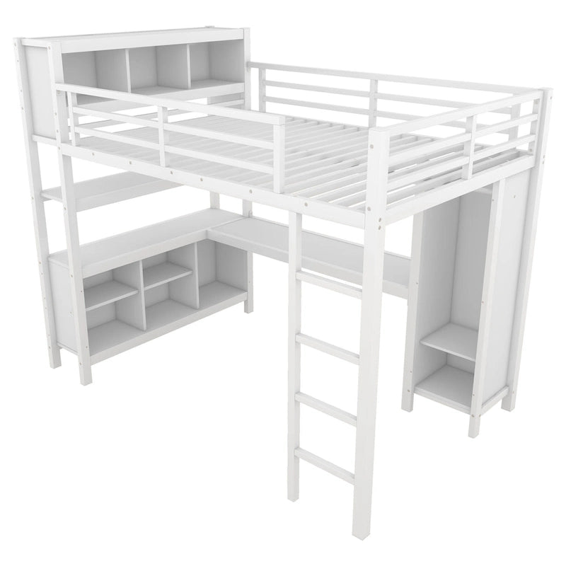 Cama alta de metal todo en uno con escritorio en forma de L y armario, estructura de cama para dormitorios con cubos de almacenamiento, estantes, barandillas de longitud completa