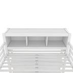 Cama alta de metal todo en uno con escritorio en forma de L y armario, estructura de cama para dormitorios con cubos de almacenamiento, estantes, barandillas de longitud completa