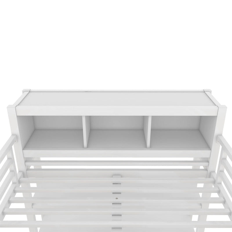 Cama alta de metal todo en uno con escritorio en forma de L y armario, estructura de cama para dormitorios con cubos de almacenamiento, estantes, barandillas de longitud completa