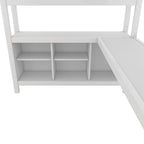 Cama alta de metal todo en uno con escritorio en forma de L y armario, estructura de cama para dormitorios con cubos de almacenamiento, estantes, barandillas de longitud completa