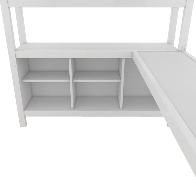 Cama alta de metal todo en uno con escritorio en forma de L y armario, estructura de cama para dormitorios con cubos de almacenamiento, estantes, barandillas de longitud completa
